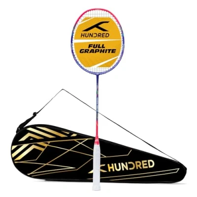 Afbeelding van Hundred Powertek 1000 PRO grafietbespannen badmintonracket met volledige rackethoes (marineblauw/roze) Voor gemiddelde spelers 95 gram Maximale snaarspanning 26 lbs