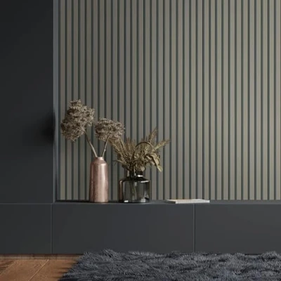 Afbeelding van WALLCOVER Beige vliesbehang, strepen, zwart, taupe, Scandinavische stijl, wandpanelen, moderne lamel, Made in Germany