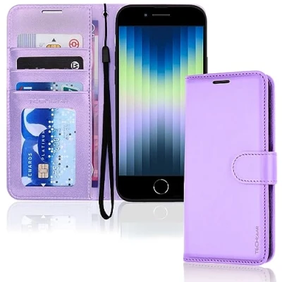Afbeelding van TECHGEAR Leren portemonneehoesje voor iPhone SE 2022 5G / 2020, 8/7/6, flipcase, kaarthouder, standaard, polsband lila PU leer, magnetische sluiting 3 2 8 7 6 6s