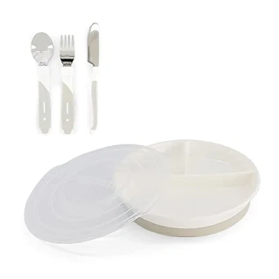 Afbeelding van Twistshake Baby Servies Set Bordje + Roestvrij Stalen Bestek 12m+ BPA Vrij Voedings Training Voor Kinderen Wit