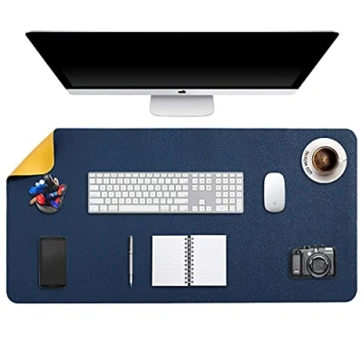 Afbeelding van DOBAOJIA Bureaulegger, Bureau Pad, Blotter, Schrijven Muis en Toetsenbord Uitgebreide Mat, Onderlegger XXXL, Dual Side Gebruik PU Leer 90 x 43cm (Donkerblauw/Geel)