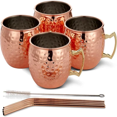 Afbeelding van 4 RVS Moscow Mule Cocktail Beker Geschenkset, Koper (550ml) Inclusief Rietjes en Reinigingsborstel
