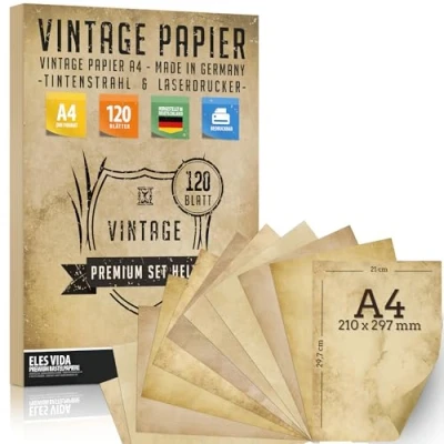 Afbeelding van 120 vellen oud papier, vintage DIN A4 bedrukbaar certificaten schatkaarten knutselpapier, kartonnen papier knutselen voor kaarten, adellijke geschenken, nostalgie