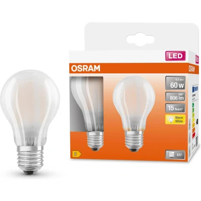 Afbeelding van OSRAM LED lamp Classic A 60 E27 filament mat 6,5W 806 lumen warm wit 2 stuks