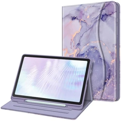 Afbeelding van FINTIE Hoesje voor Samsung Galaxy Tab S6 Lite 10,4 inch 2022/2020 (model SM P610/P613/P615/P619) met S penhouder, foliostandaard meerdere kijkhoeken en zak, automatisch wekken/slapen (lila marmer)