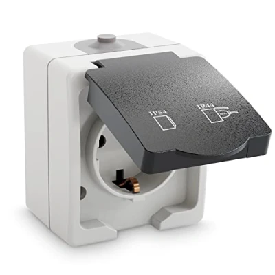 Afbeelding van greate Opbouwstopcontact, 1 voudig, voor vochtige ruimtes, AP stopcontact met klapdeksel, IP44, 250 V, 16 A, 2 polig, opbouwcontactdoos, buitenstopcontact