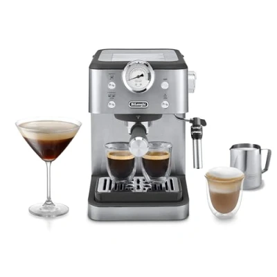 Afbeelding van De&#039;Longhi Linea Classic EM450.M Handmatig koffiezetapparaat met opschuimer, barista espressomachine, cappuccino mondstuk, dubbelwandig filter, 15 bar, kopjes tot 13 cm, roestvrij staal/metaal