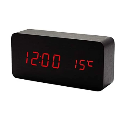 Afbeelding van Lancoon Digitale klok van hout multifunctionele led wekker met tijd/datum/temperatuurweergave en spraakbesturing voor onderweg AC11zwart/rood