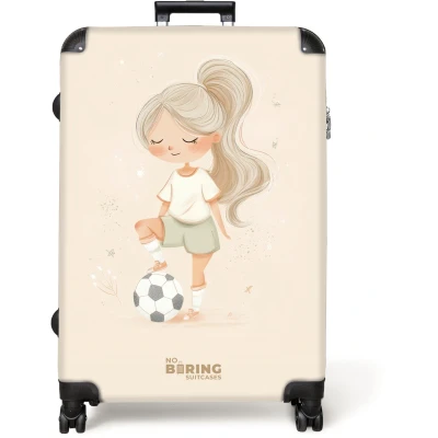 Afbeelding van NoBoringSuitcases.com® Koffer groot Reiskoffer lichtgewicht Meisje met een voetbal in beige kleuren Rolkoffer 4 wielen Grote trolley XL 98 liter bagage
