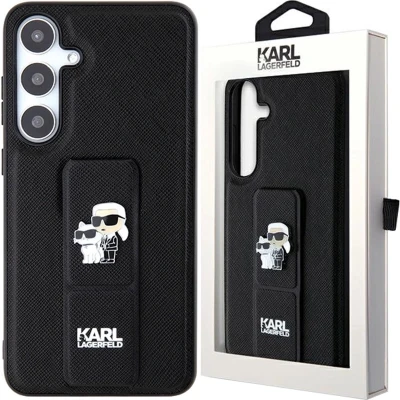 Afbeelding van Karl Lagerfeld Gripstand Saffiano Karl&amp;Choupette Pins hoesje voor Samsung Galaxy S24 zwart