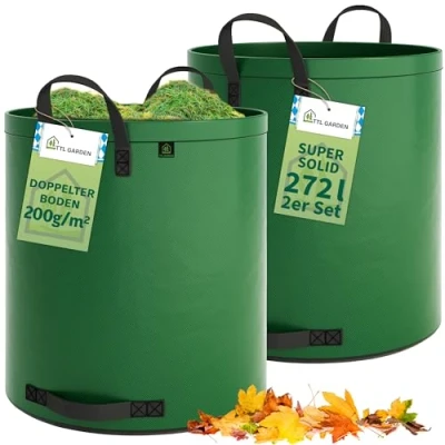 Afbeelding van TTL Garden Super Solid tuinzak, groen, 2 x 272 liter, dubbele bodem, 200 g/m², extra stabiel en scheurvast, zelfstaand, 4 handgrepen, groot, robuust, set van bladzakken, afvalzakken voor gras,