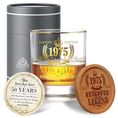 Afbeelding van CROWNLY CRYSTAL® 1975 Verjaardag 50 Jaar Man Whiskyglazen Gepersonaliseerde Cadeaus Mannen Decoratie 50e Voor Geschenkset
