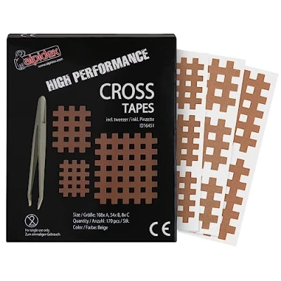 Afbeelding van ALPIDEX Cross Tape Rasterpleisters Inklusief Pinzette Verschillende Maten Hoeveelheden Roosterpleister, Kleur:beige, Aantal stuks:170 stuks maat A.B en C