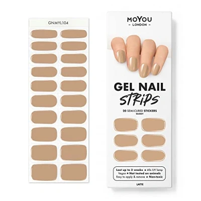 Afbeelding van MOYOU LONDON Semi geharde UV gelstrips, 20 stuks, gelnagelfolie, hardend voor manicure in salonkwaliteit, set met nagelvijl en houten nagelriemstokjes, latte