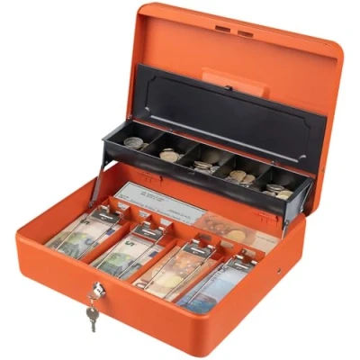 Afbeelding van Tera Anti diefstal geldcassette met zwaar geldvak en sleutelslot, 4 biljetten, 5 munten binnenvak, 30 x 24 9 cm, grote kluis voor kleine bedrijven, rommelmarkten thuis, KL380 oranje