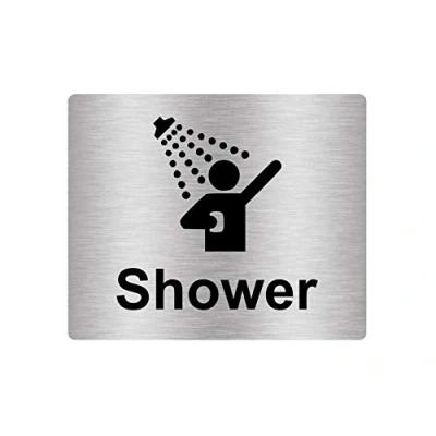Afbeelding van Douche teken zelfklevende sticker kennisgeving, zilver/goud/blauw gegraveerd met tekst en universeel pictogram symbool (maat 12cm x 10cm) (zilver)