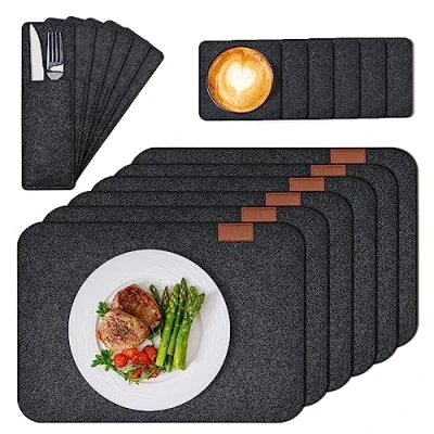 Afbeelding van MumdoYAL placemats afwasbaar 18 stuks 6 onderzetters bestekzakken vilten set antraciet vilt tafelonderzetters