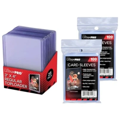 Afbeelding van 25 Regular Clear Toploader 3&quot; x 4&quot; + 200 Ultra Pro Soft Sleeves Heartforcards verzendbeveiliging