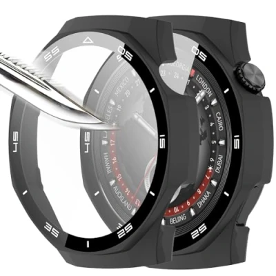 Afbeelding van Msiall [2 stuks zwart met screenprotector van gehard glas voor Huawei Watch GT 5 Pro 46 mm, hardheid 9H PC Case, Bumper, dun, volledige bescherming