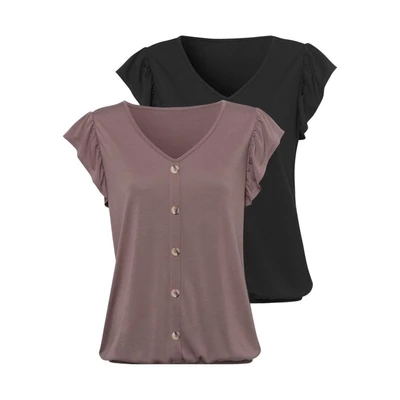 Afbeelding van Lascana 2 PACK Tshirt print, Dames, Maat: 36/38, Taupe+schwarz