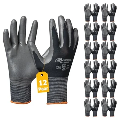 Afbeelding van Gebol Midi Flex Werkhandschoenen met afstotende Nitril coating handschoenen voor werkplaats en tuin dames heren maat XXL (maat 11) zwart 12 paar multipack