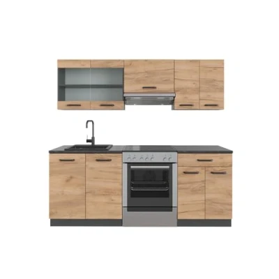 Afbeelding van Vicco Complete keukeneenheid R Line, Eik goud/antraciet/Antraciet, 350 cm met hoge kast, zonder werkblad