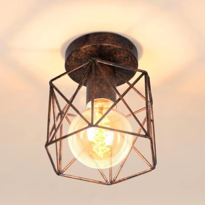 Afbeelding van iDEGU Vintage industriële plafondlamp met metalen kooi, zeshoekig, hanglamp, geometrisch design, E27 voor slaapkamer, café, restaurant, hal, gang, 15 cm, roestkleur