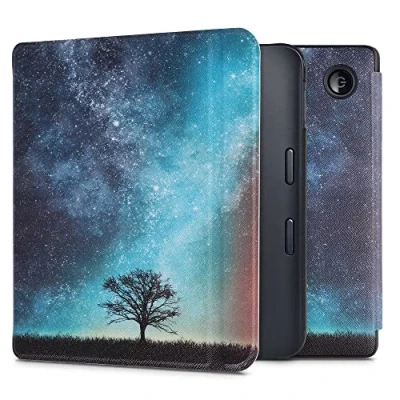Afbeelding van kwmobile hoes geschikt voor Kobo Libra 2 Magnetische sluiting E reader cover in blauw / grijs zwart Sterrenstelsel en Boom design