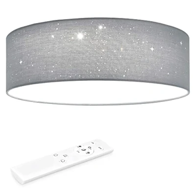 Afbeelding van Navaris LED plafondlamp rond 22W Ø 40 cm Stoffen plafonnière met warmwit licht &amp; sterreneffect Dimbare lamp afstandsbediening Lichtgrijs