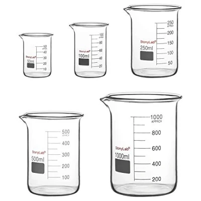Afbeelding van stonylab Glazen Bekerset, Borosilicaatglas Gegradueerde Lage Vorm Griffioenbekers in 5 Maten, 50 ml/100 ml/250 ml/500 ml/1000 ml (1 L), Combinatiepakket