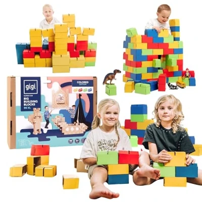 Afbeelding van GIGI BLOKS XL kinderbouwstenen van karton, 96 XL, in elkaar te steken en stapelbaar, gekleurd baksteenkarton, robuust eenvoudig monteren, bouwset voor kinderen