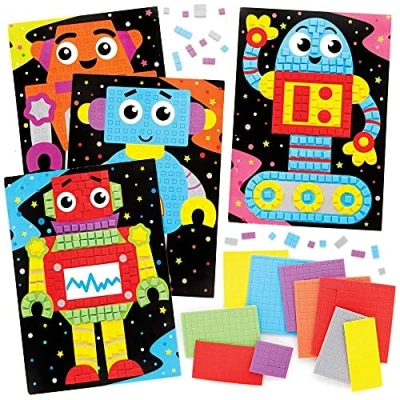 Afbeelding van Baker Ross FE401 Robot Mozaïek Picture Kits Pack van 4, Mozaïektegels Kunst en Ambachten, Mozaïekkits voor kinderen, creatieve activiteiten kinderen