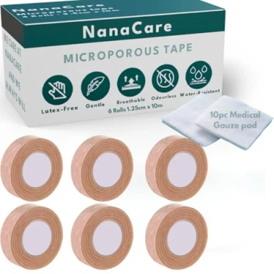 Afbeelding van NanaCare Tan Paper Chirurgische tape 1/2&quot; x 11yd (6 rollen) +10 st gaaspads Microporeuze micropore Huidgekleurde neustape Medische voor huid, dressings en neuscorrectie herstel