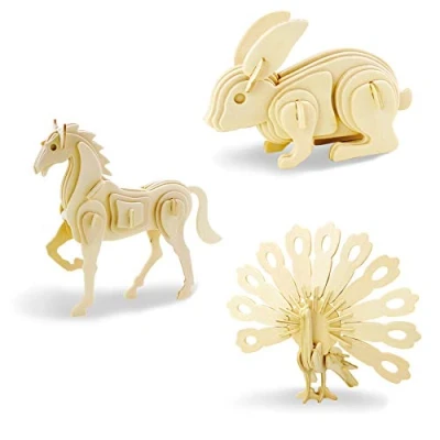 Afbeelding van Georgie Porgy Woodcraft Bouw kits 3D Houten Puzzel Jigsaw Model Voor Kids Toy Leeftijd 5+ Pakket Van 3 (Paard Konijn Pauw)