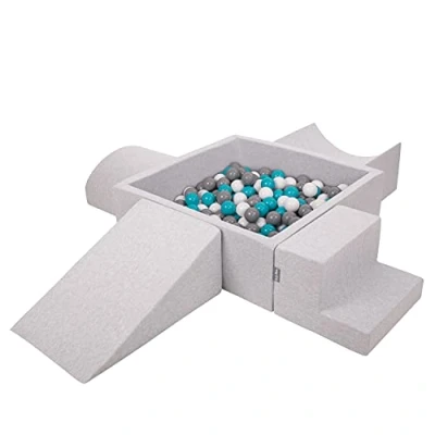 Afbeelding van KiddyMoon schuimspeelplaats met vierkant ballenbad (300 ballen) ballenbakken voor baby&#039;s speelbad hindernisbanen, made in the eu, lichtgrijs:grijs/wit/turquoise