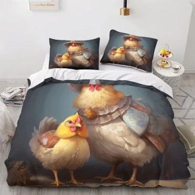Afbeelding van Comfortabele dekbedovertrekset met kippen, luxe dekbedovertrek schattige dieren, verborgen rits kussenslopen, dekbedovertrek, zachte microvezel, wasbaar beddengoedset, kingsize (220 x 240 cm)