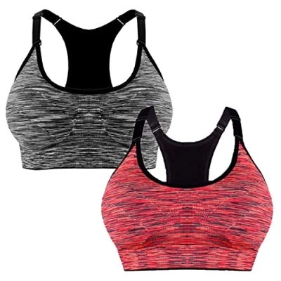 Afbeelding van Libella 3 stuks sportbeha, bustier, comfortabele beha, ritssluiting, gevoerde push up, steunfunctie, verstelbare bandjes, zonder beugel, yoga, fitness, 2 donkergrijs + oranje, L XL