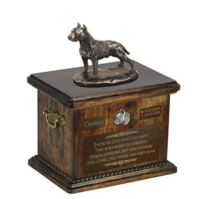Afbeelding van Art Dog Custom Sitting Statue Memorial Urn Handgemaakt koud gegoten brons op berkenhouten voet 8,3x11,4x8,7 5l Amerikaanse Staffordshireterriër IV