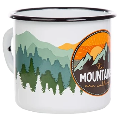 Afbeelding van MUGSY I Emaille mok The Mountains are calling, 330 ml campingmok met spreuk, campingbeker, gekleurd