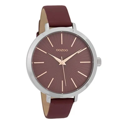 Afbeelding van OOZOO Timepieces Zilverkleurige horloge met bordeaux rode leren band C9673