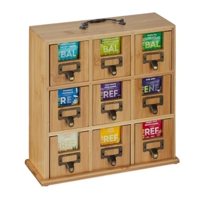 Afbeelding van Relaxdays thee organizer bamboe 9 vaks theedoos staand hangend bewaardoos