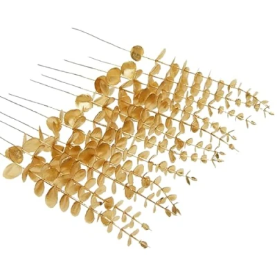 Afbeelding van RHQFDM Kunstmatige eucalyptustakken, 24 stuks, kunsttakken, bladeren, decoratie, 38 cm, gouden plastic eucalyptusdecoratie voor bruiloften, tuinen, kantoordecoraties