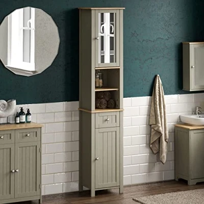 Afbeelding van Bath Vida Priano badkamermeubel met hoge spiegel, opbergkast, vloerstaande Tallboy unit, grijs
