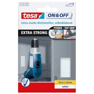 Afbeelding van TESA On &amp; Off 55228 03 00 Klittenband strips Om vast te plakken Haak en lusdeel, Extra sterk (l x b) 100 mm 50 Wit 2 stuk(s)