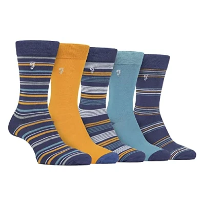 Afbeelding van Farah Mens 5 Pack natuurlijke biologische bamboe helder gestreepte patroon sokken, Marine/Blauw, One size
