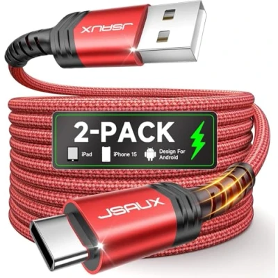 Afbeelding van JSAUX USB C Kabel 3.1A Snelladen 2 Stück 2M, Type Charger Cable Ultra Duurzaam Compatibel met Samsung Galaxy S24 S23 S22 S21 S20 S10 S9, PS5 Controller, Kindle, iPhone 15 Pro Plus Rood