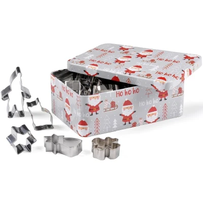 Afbeelding van patisse 13721 grijze metalen doos met kerstman bedrukt 25 snijders of steekvormen van roestvrij staal voor Kerstmis boom, kabouter, engel, ster, gingerman, gerstsuiker, 20 x 14 7,5 cm
