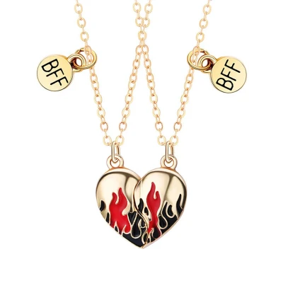 Afbeelding van Bixorp Friends BFF Ketting voor 2 Goudkleurig Hart met Vlammen Magnetisch Vriendschapsketting Cadeau