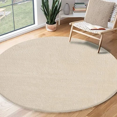 Afbeelding van the carpet Relax modern, pluizig, laagpolig tapijt, antislip onderkant, wasbaar tot 30 graden, heerlijk zacht, bontlook, beige, 200 cm rond
