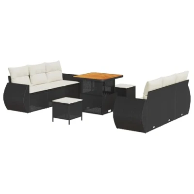 Afbeelding van vidaXL 9 delige Tuin Sofaset met Kussens Zwart Poly Rattan Acacia, 3 delig Eetset Acacia